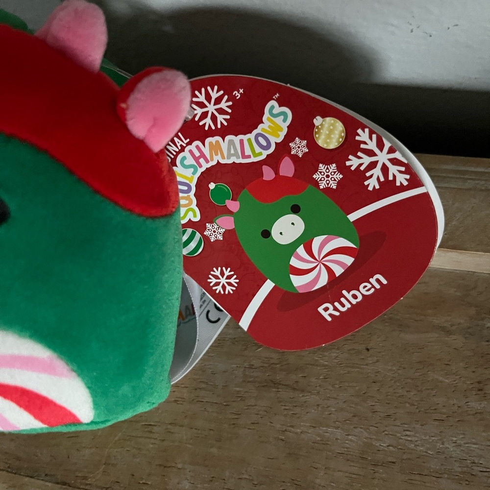 Squishmallow 2025 Christmas Ruben the Cow 5” Green Red Swirl Pink Horns NEW - Picture 6 of 8